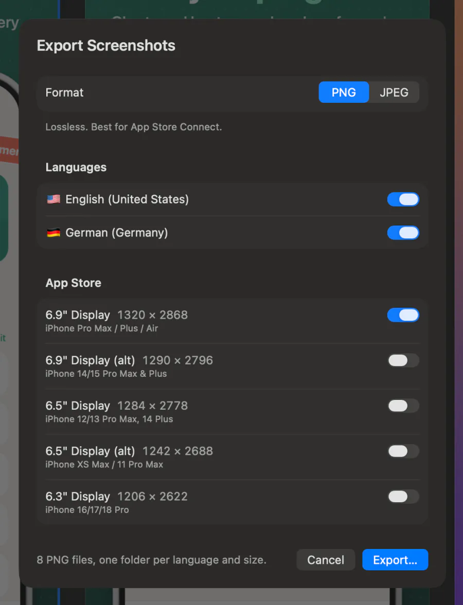 Bezelry's Export sheet with PNG chosen, two languages and the App Store iPhone sizes