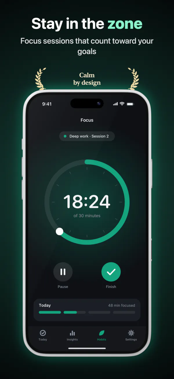 “Stay in the zone”: a dark focus timer screen with an award laurel